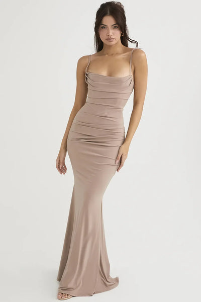 Elegant Dresses for Women Almond Corset Maxi Dress Draped Evening Night Party Dresses Bodycon Sexy Backless Dress with Fishbone