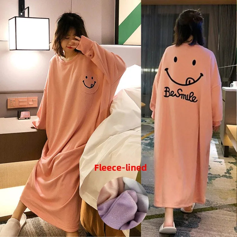 Female Loungewear Smiley Face Autumn Winter German Fleece Thickened Warm Long Nightgown Women Wearable Outdoors Lady Pajamas