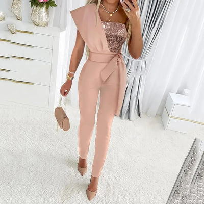 Summer Bodysuit Sexy Party Overalls Solid Sleeveless Women Jumpsuit Long Pants Rompers Lace-up Slim-fit Sequin Women's Trousers