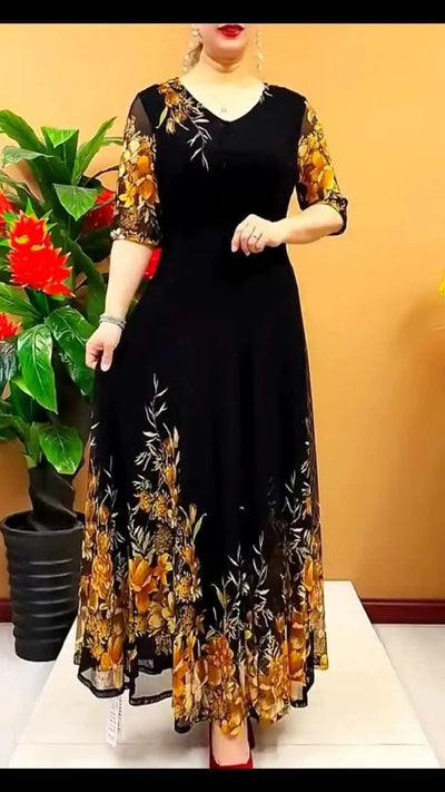 Women's Clothing Stylish Floral Printed Long Dress Summer Short Sleeve Casual Gauze Spliced Elegant V-Neck A-Line Waist Dresses