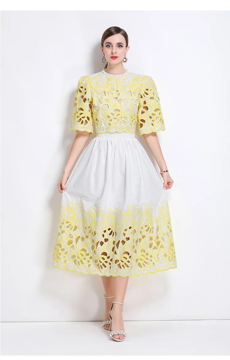 Summer Short Sleeve A-LINE Set Skirt for Women Fashion Ruffled Collar Embroidery Set Skirt Women Vestidos De Verano Mujer Q344