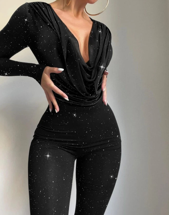 Sexy Party Night Out Jumpsuit Women Elegance 2022 Plain Glitter Cold Shoulder Long Sleeve Contrast Lace Corset Skinny Jumpsuit