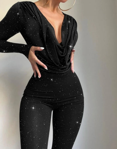 Sexy Party Night Out Jumpsuit Women Elegance 2022 Plain Glitter Cold Shoulder Long Sleeve Contrast Lace Corset Skinny Jumpsuit