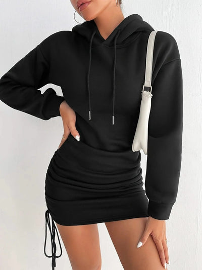 Autumn fashion side drawstring pleated hooded sweatshirt dress for women