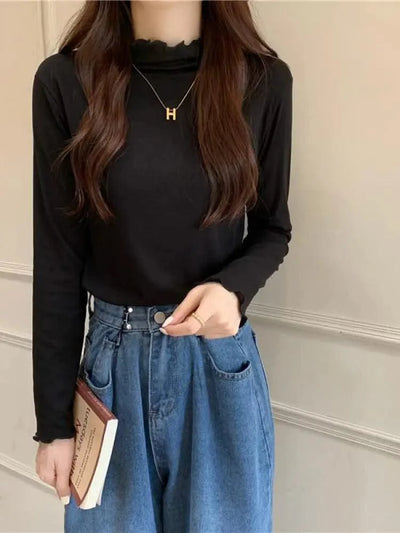 Skinny High Elastic Mock Neck Pullover Long Sleeve T-shirts For Women