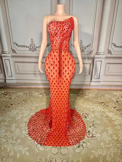 New Sparkly Rhinestones Pearls Floor-length Feathers Dress Women Birthday Celebrate Wedding Evening Prom Dress Photo Shoot Wear
