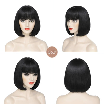 Short Bob Wig with Bangs 12 Inch Short Synthetic Bob Wigs Bangs for Women Natural Looking for Daily Use (Natural Black)