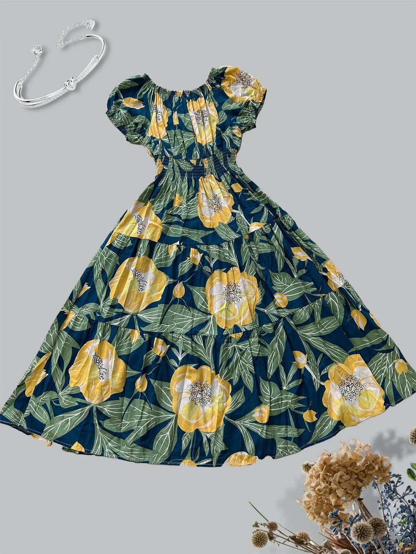 Women's Floral Summer Fashion Women's Print One-line Shoulder Dress Summer Beach Vacation Dress Causul Dress for Women