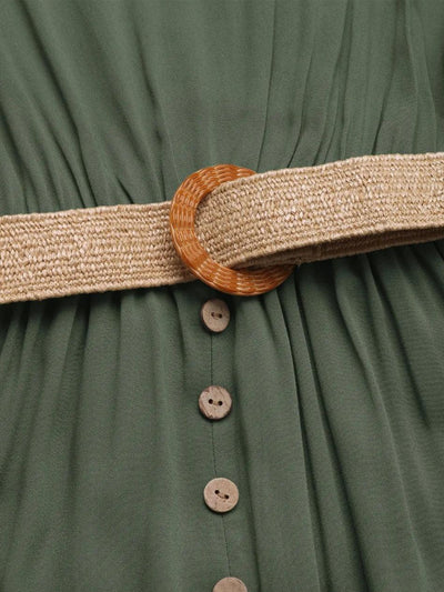 New European and American Dress for Women Clothing Leisure Vacation Simple Split Fork Solid Sleeveless V-neck Dress with Belt