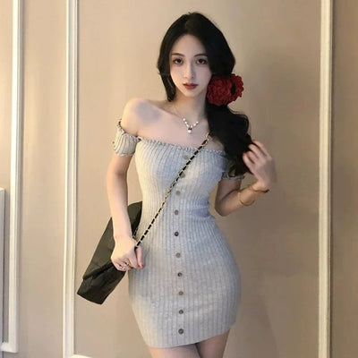 Woman Dress for Women 2025 Vestidos De Mujer Fashion Slash Neck Tunic Robe Femme Ruffles Bodycon Knitted Button Summer Dresses