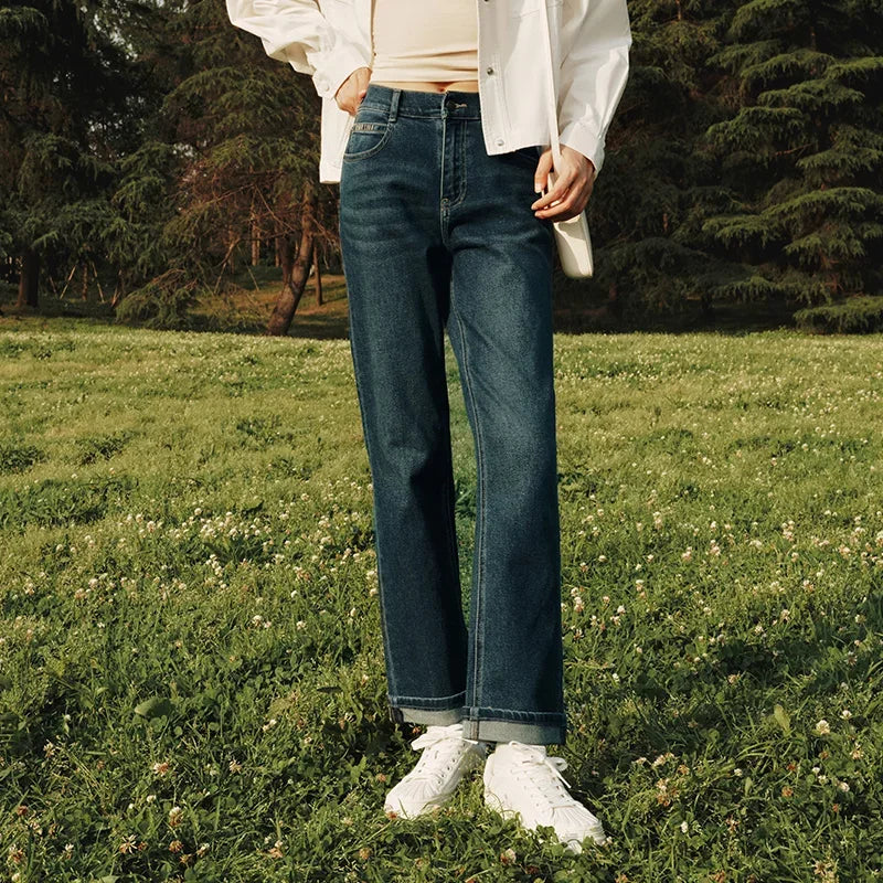 Semir 2023 Women Jeans Autumn New Rolled-edge Straight-leg Pants Slimming Trousers for Women