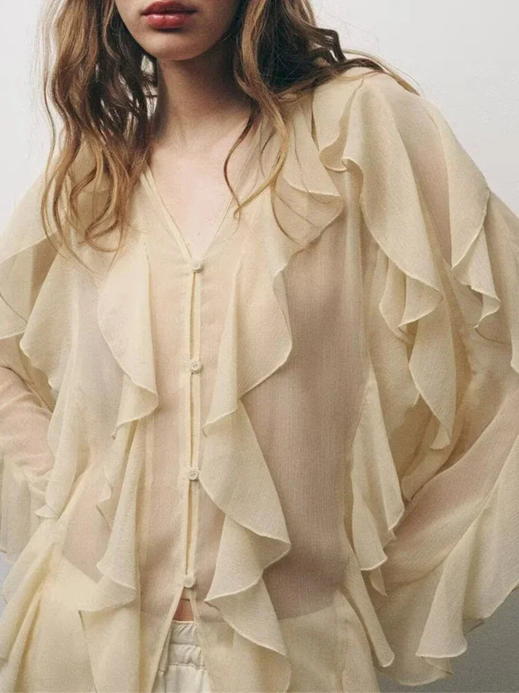 Ruffles Elegant Shirts & Blouses for Women 2025 Long Sleeve Semi-Transparent Tops For Women Spring Shirt And Blouse Top
