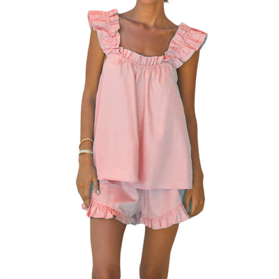 Womens Summer Solid Color 2 Pieces Set Ruffle Sleeveless Sling Square Collar Vest Shorts Tank Top Outfits Lounge Matching Sets