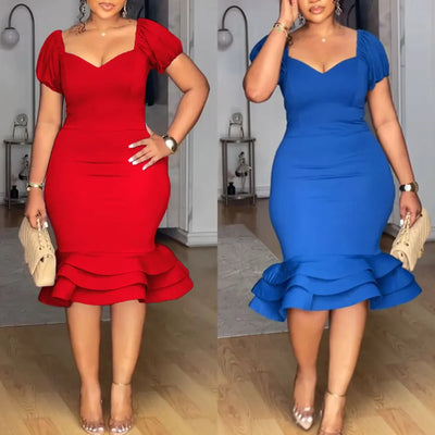 Elegant Party Dress for Women Ruffle Evening Dresses Lantern Short Sleeve Fishtail Tiered Wedding Dress Women