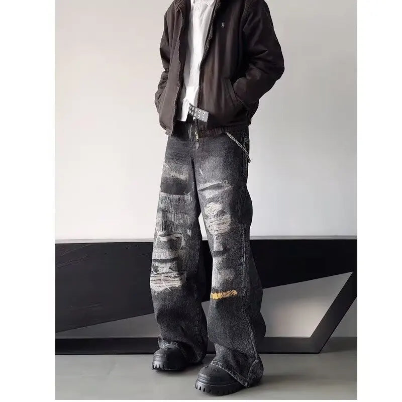High Street Men's Jeans Trendy Printed Pattern Washed Worn-out Straight Leg Jeans American Style Male Denim Pants Black Jeans