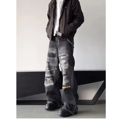 High Street Men's Jeans Trendy Printed Pattern Washed Worn-out Straight Leg Jeans American Style Male Denim Pants Black Jeans