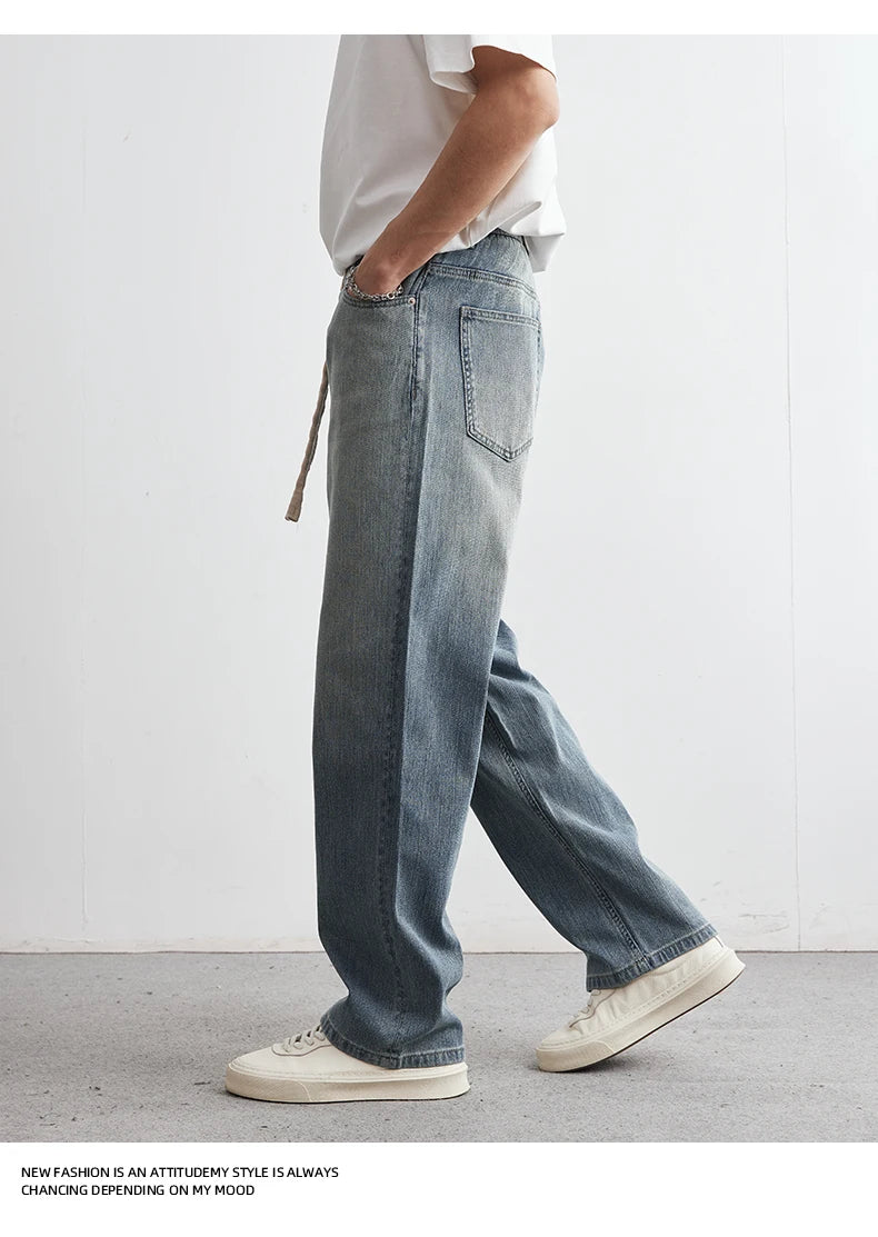 Men's Japanese Retro Jeans 2025 Summer New Fashion Personality Straight Elastic Waist Straight Jeans Loose Casual Jeans Pants