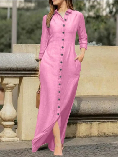 Elegant Long Dress For Women Spring Autumn Long Sleeve Solid Color Cotton And Linen Shirt Dresses Casual Button Dress Robe Femme