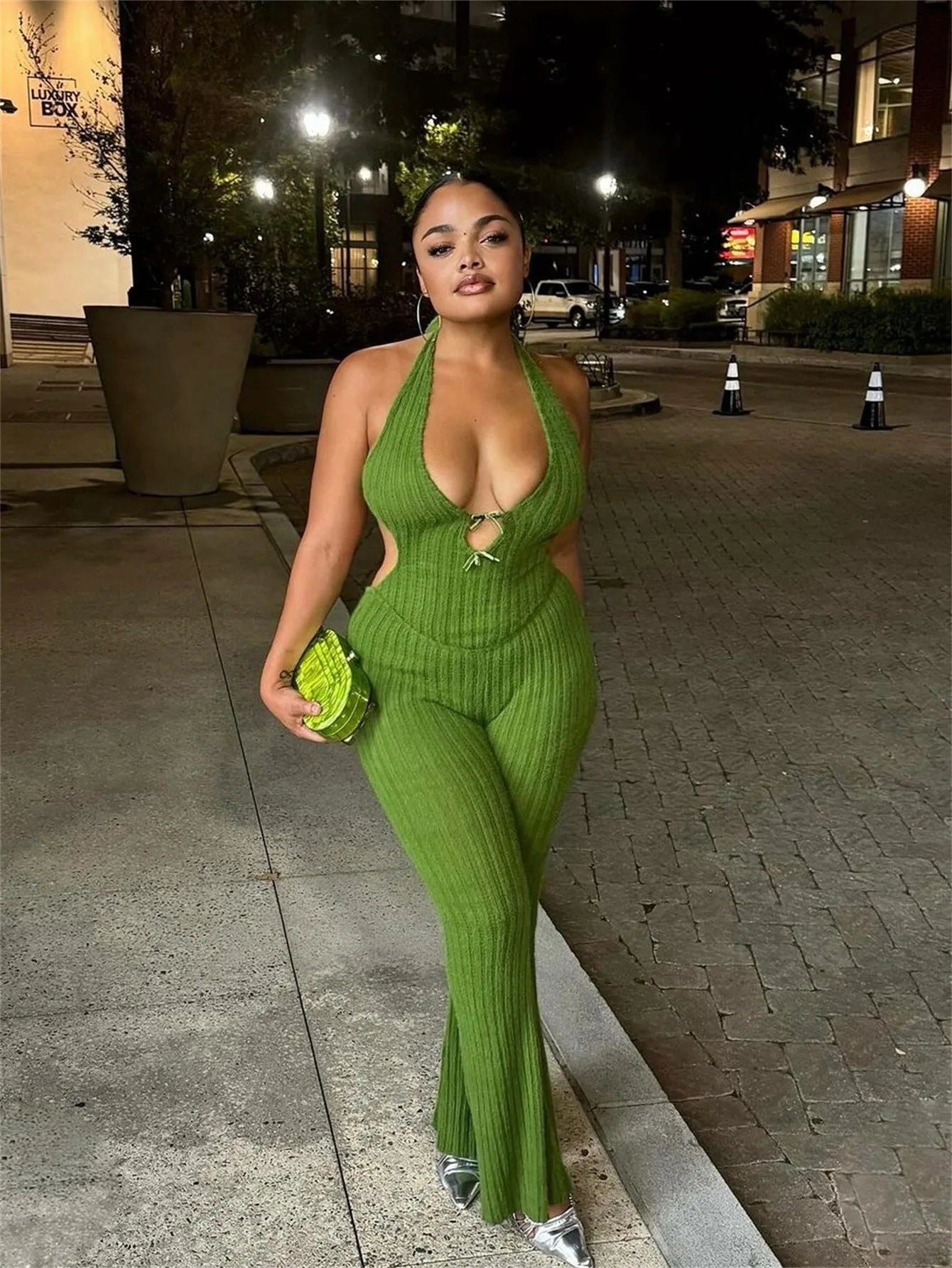 Joskaa Knitted Halter Backless Jumpsuit Women Sexy Deep V-Neck Bow Sleeveless Skinny Overalls 2025 Fitness Sportswear Clubwear