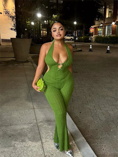 Joskaa Knitted Halter Backless Jumpsuit Women Sexy Deep V-Neck Bow Sleeveless Skinny Overalls 2025 Fitness Sportswear Clubwear
