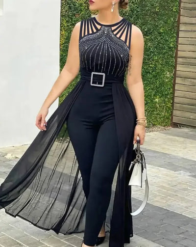 Jumpsuit for Women 2024 Spring Double Sided Sequin Large Skirt with A Bra V-Neck Long Jumpsuits Office Long Pant Swing Jumpsuit