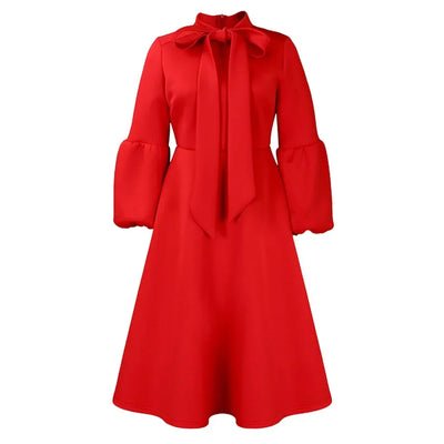 Elegant Dresses for Women Bow Collar Full Sleeve High Waisted Pleated Mid Calf Luxury Birthday Party Dinner Vestidos Mujer Dress