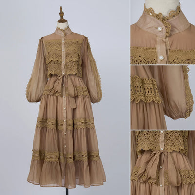 Luxury Long Dresses Women 2025 Spring Summer Embroidery Ruffle Lace Pearl Hollow Out Party Midi Dress Shirt Full Sleeve Vestidos