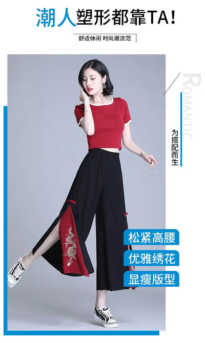Fashion Women Trousers High Waist Wide Leg Pants Chiffon Slit Culottes Cheap Wholesale Elastic Waist Cropped Pants Free Shipping