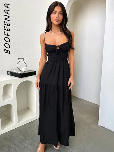 BOOFEENAA Halter Backless Maxi Long Dress Sexy Vacation Outfits White Black Summer Dresses for Women Clothes 2024 C66-CH28