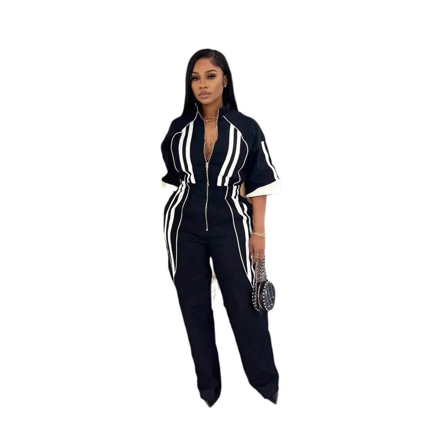 Women Jumpsuits For Spring 3/4 Sleeve Print Stripe Loose Fashion Streetwear Overalls Wide Leg Pants Trousers 2025 Summer