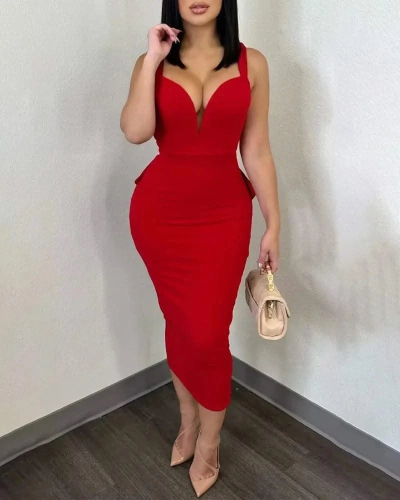 Summer 2025 Vestidos Sexy Party Dresses Women Plunging V-neck Sleeveless Backless Bowknot Ruffles Back Bodycon Midi Dress
