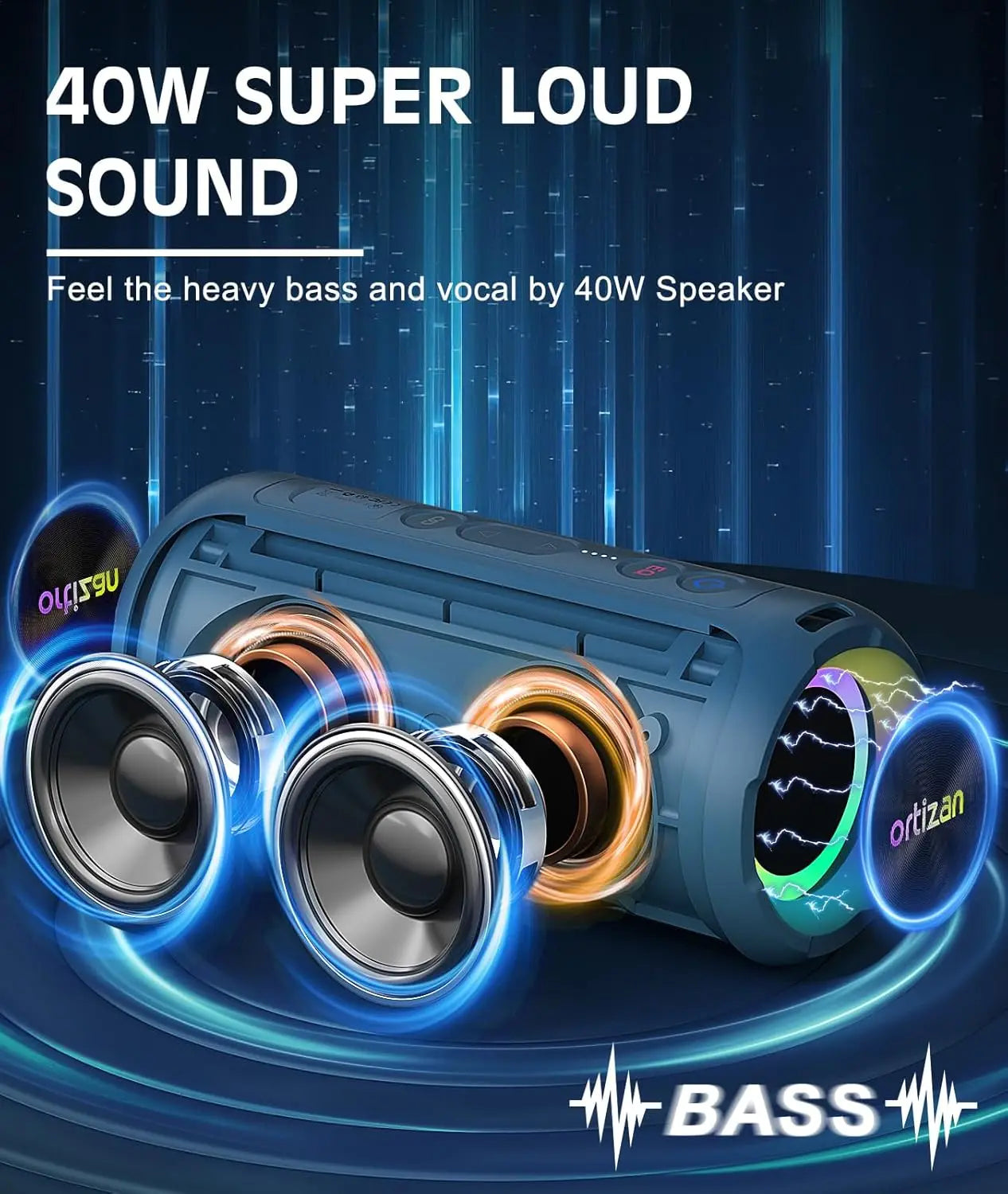 Bluetooth Speaker Wireless,IP67 Waterproof Portable Speaker with Lights,40W Loud Stereo Sound, TWS Pairing, BT5.3, Camping/Home