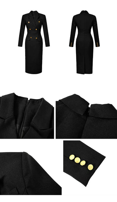 Fashion Elegant Midi Dress Women's Professional Business Style Long Sleeve Double Breasted Slit Robe Office Lady Work Vestidos