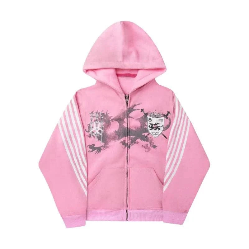Sexy European and American printed striped hooded sweatshirt with zipper, pink men's and women's sports loose sweatshirt jacket