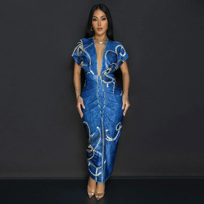 Fashionable Short Sleeve V-Neck Printed Slim Fit African Style Women's Dress K10822 Cross-Border Elegant Chic Dress