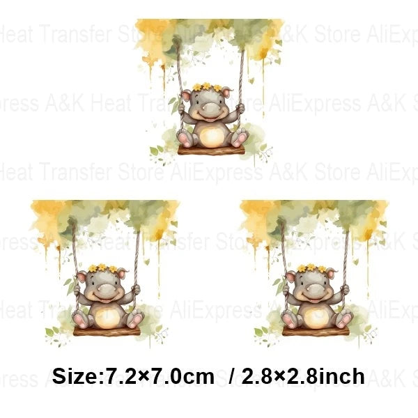 Baby Animal On Swings Heat Transfers For Kids Clothing Elephant Tigers Lion Stickers On Clothes Diy Thermal Patches Decals