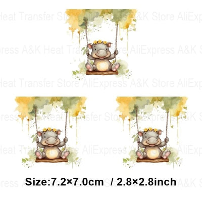 Baby Animal On Swings Heat Transfers For Kids Clothing Elephant Tigers Lion Stickers On Clothes Diy Thermal Patches Decals