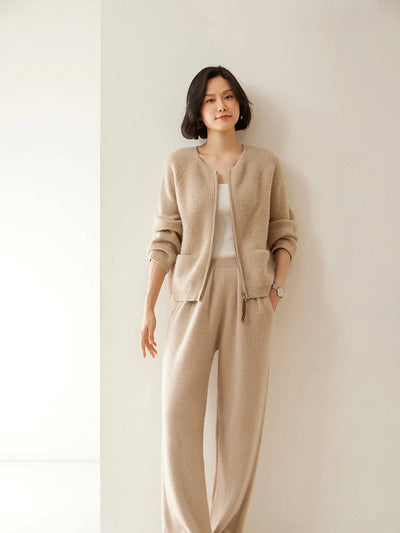 ADDONEE Women 100% Cashmere Pants Pleated Waist Wide Leg Pants Casual Simple Style Autumn Winter Cashmere Knit Trousers Luxury