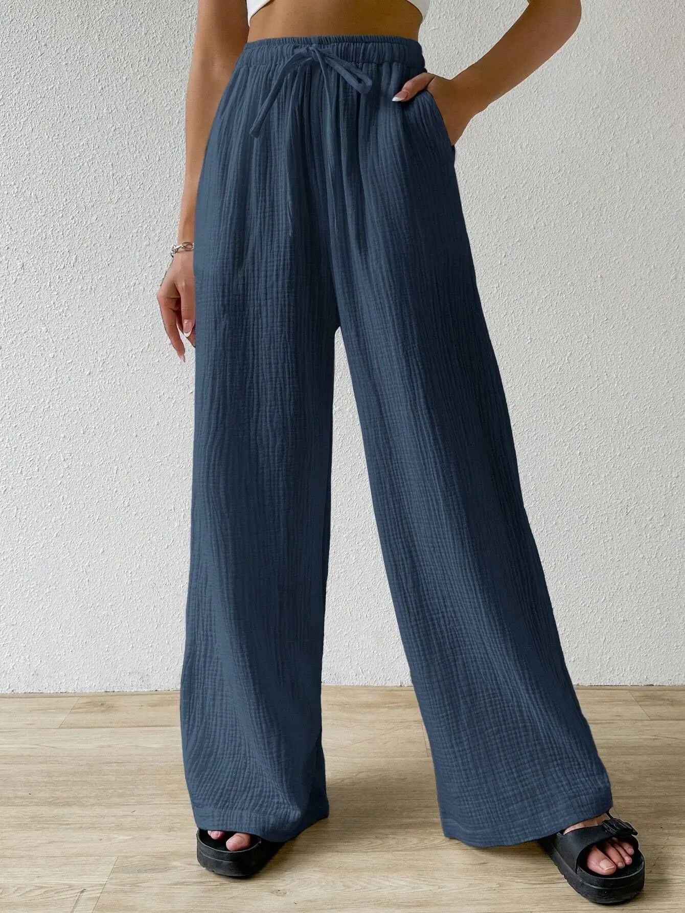 Wide Leg Floor Length Pants Women Drawstring Pant Loose Y2k Streetwear Capris Pockets Casual Sports Summer High Waist Basics