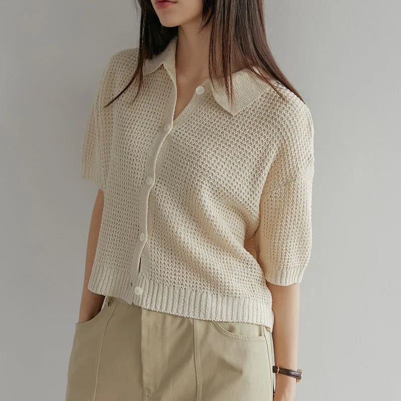Women's Shirt Knit Solid-colored Short-sleeved Sweaters Tops All-match Pullovers T-shirt Polo-neck Crop Tops Girl's Tees Summer