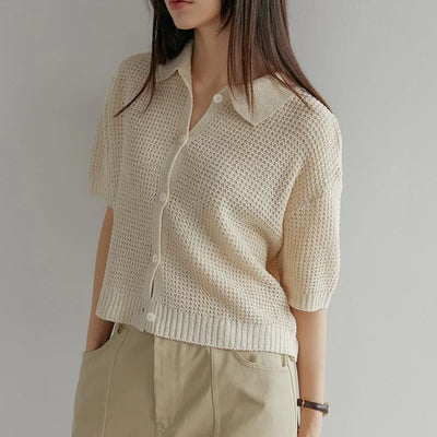 Women's Shirt Knit Solid-colored Short-sleeved Sweaters Tops All-match Pullovers T-shirt Polo-neck Crop Tops Girl's Tees Summer