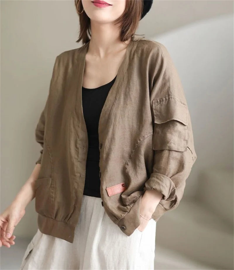 Fashion Cotton Linen Short Jacket For Women Spring Autumn New  Retro Loose V-Neck Thin Casual Top Coat Sunscreen Clothing
