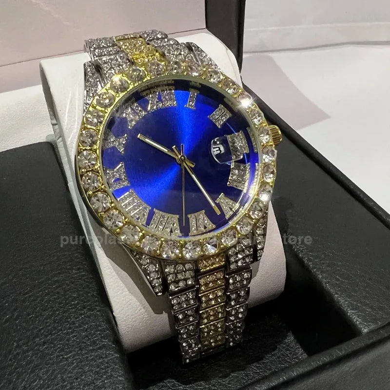 Personalized Hip Hop Watch with Shiny Rhinestones for Men, Luxury Clock, Band Length, Iced Steel Belt, 40mm Diameter Glass Dial