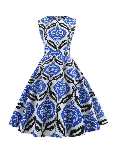 Women's Summer Sleeveless Midi Dress Green Leaf Print O-Neck Retro Vintage Party Robe Casual Elegant Female Clothing