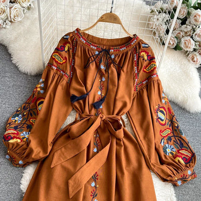 Boho Vintage Spring Autumn Women's Dress Ethnic Style Sundress Long Sleeve Embroidered Cotton Linen Black Beach Dresses платье