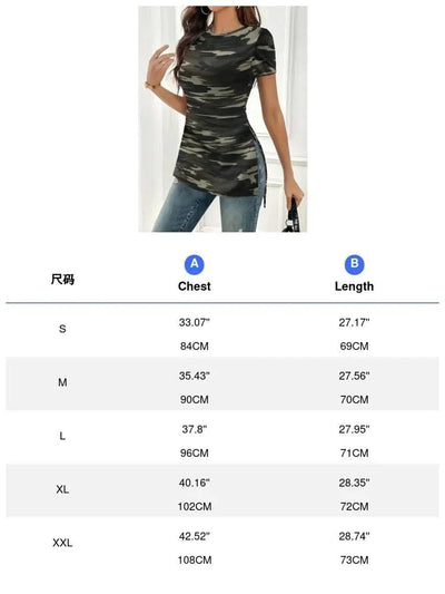 Camo Print Crew Neck Split Tunics Casual Short Sleeve Slim T-Shirt For Spring & Summer Women's Clothing