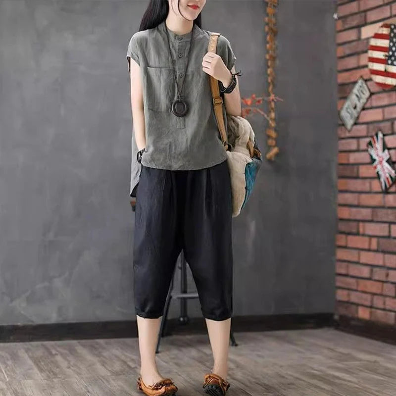 Artistic Style Cotton Linen Short Sleeves Shirt for Women Summer Solid Loose Stand Collar Temperament Top Fashion Women Clothing