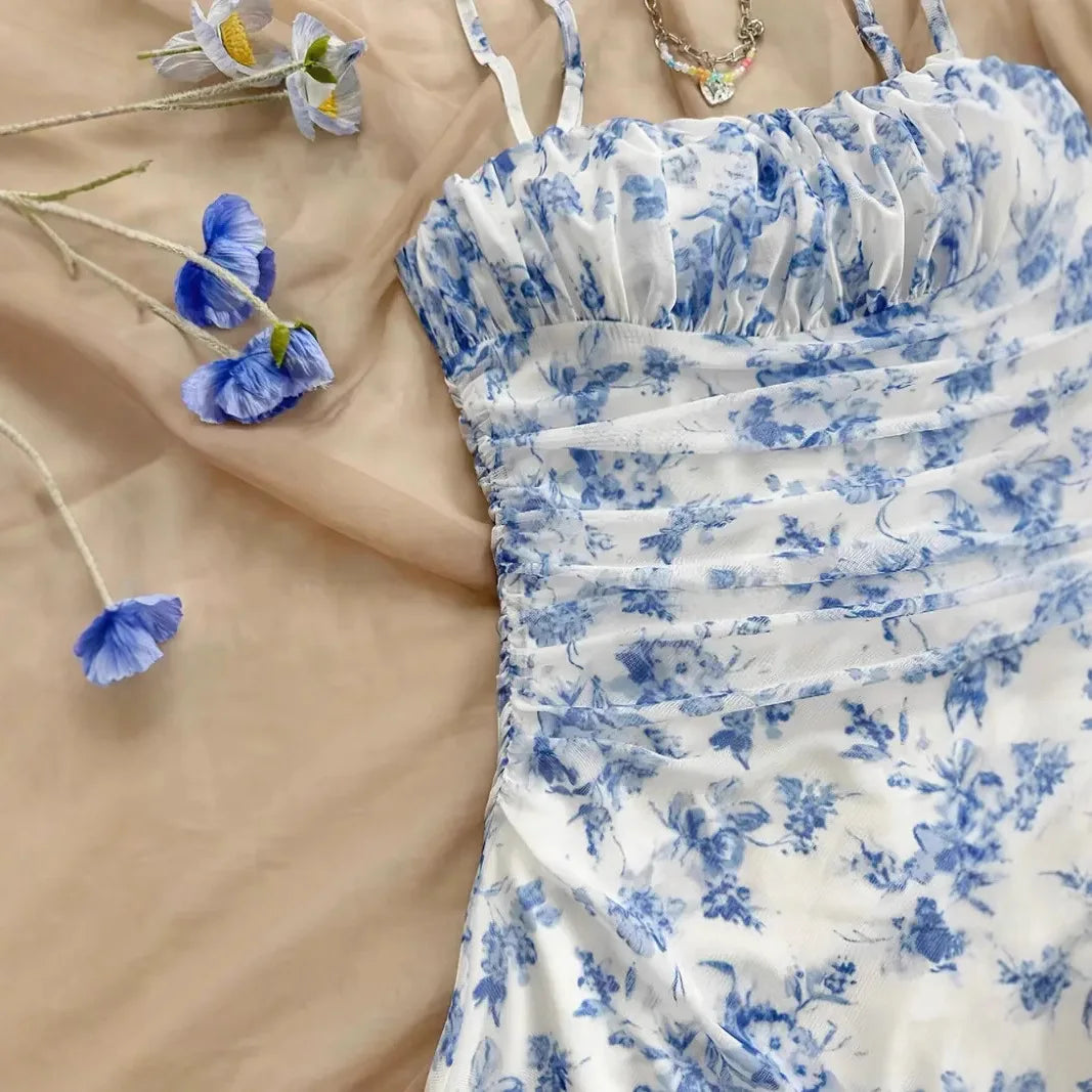 Women's Summer Elegant Floral Mini Dresses Fashion Fold High Waist Slim A-Line Dress Lady Sexy Backless Spaghetti Strap Sundress