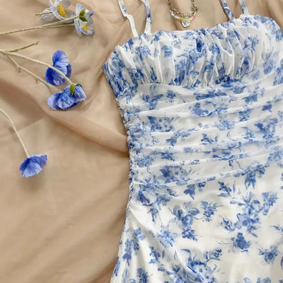 Women's Summer Elegant Floral Mini Dresses Fashion Fold High Waist Slim A-Line Dress Lady Sexy Backless Spaghetti Strap Sundress