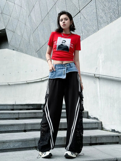 Wide Leg Pants Women Floor Length Patchwork Lace Denim Stripe Print High Waist Multiple Pockets 2025 Streetwear Cargo Trousers